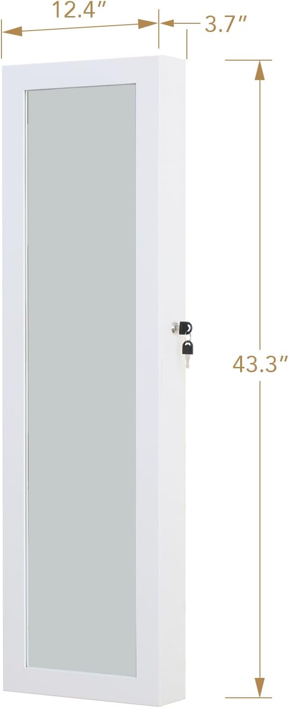 White Lockable Wall Mount Full Length Jewelry Armoire