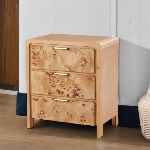Natural Burl Wood 3 Drawer Farmhouse Nightstand