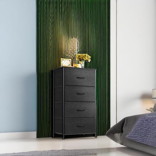 Black Wood Top 4 Drawer Small Fabric Dresser Cabinet