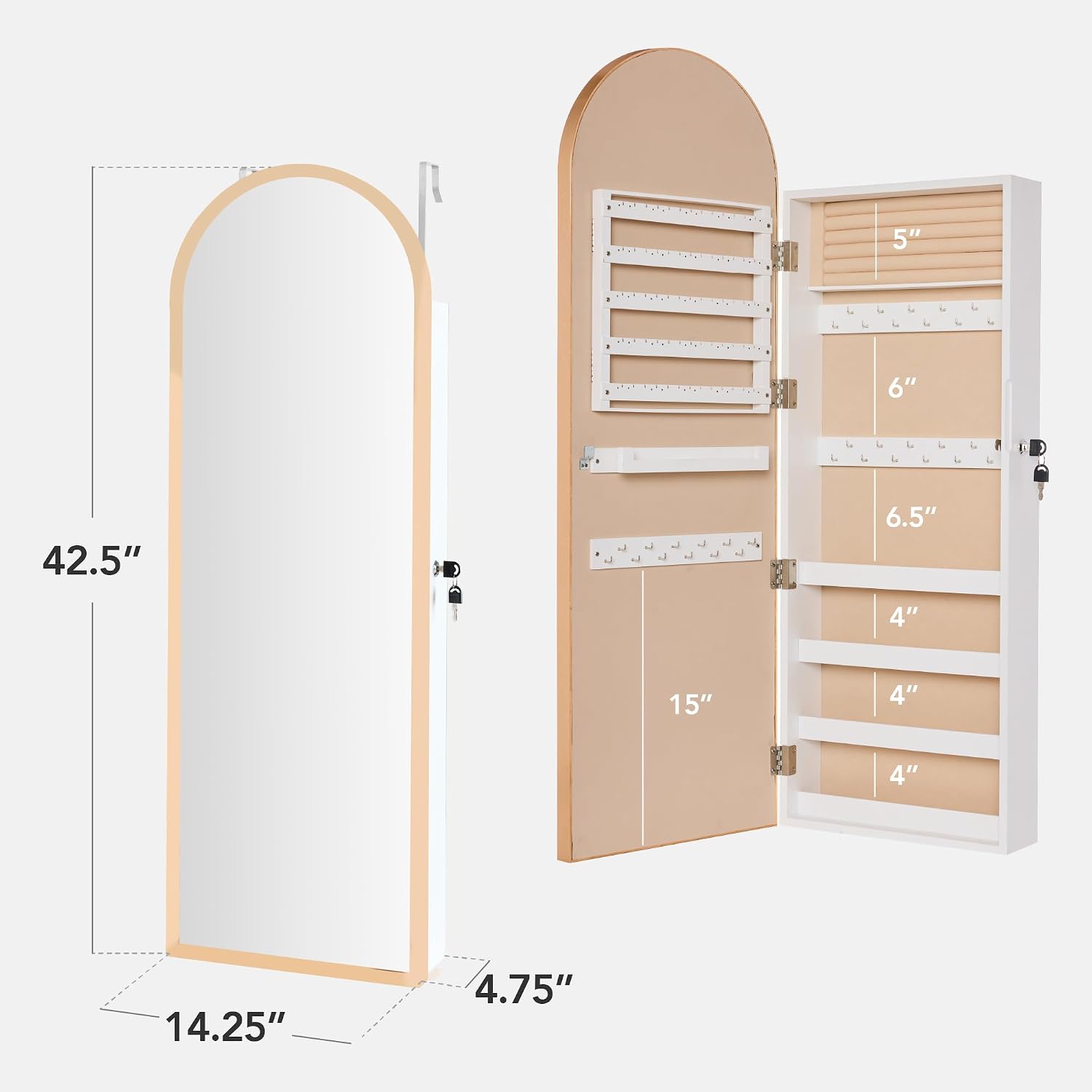 Gold Lockable Arch Full Length Jewelry Cabinet