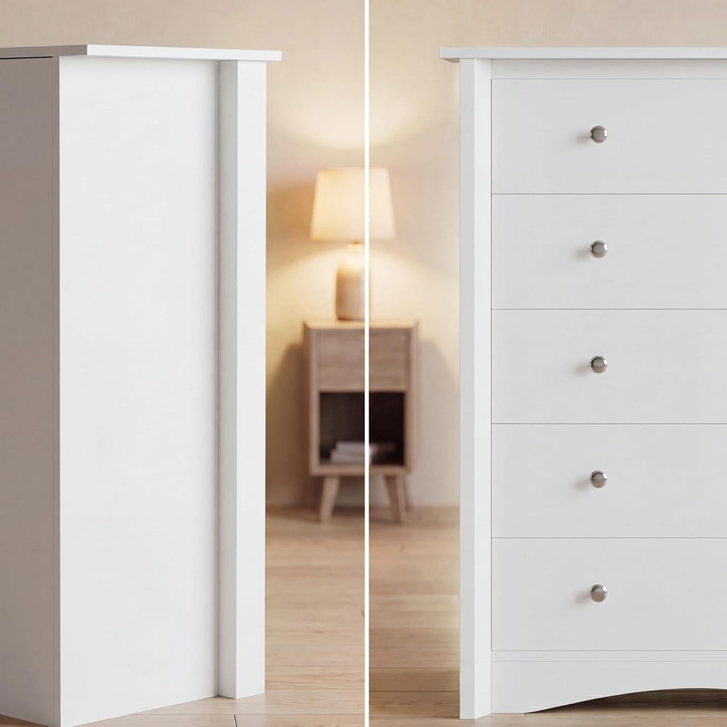 White 5 Drawer Tall Wooden Storage Dresser Cabinet
