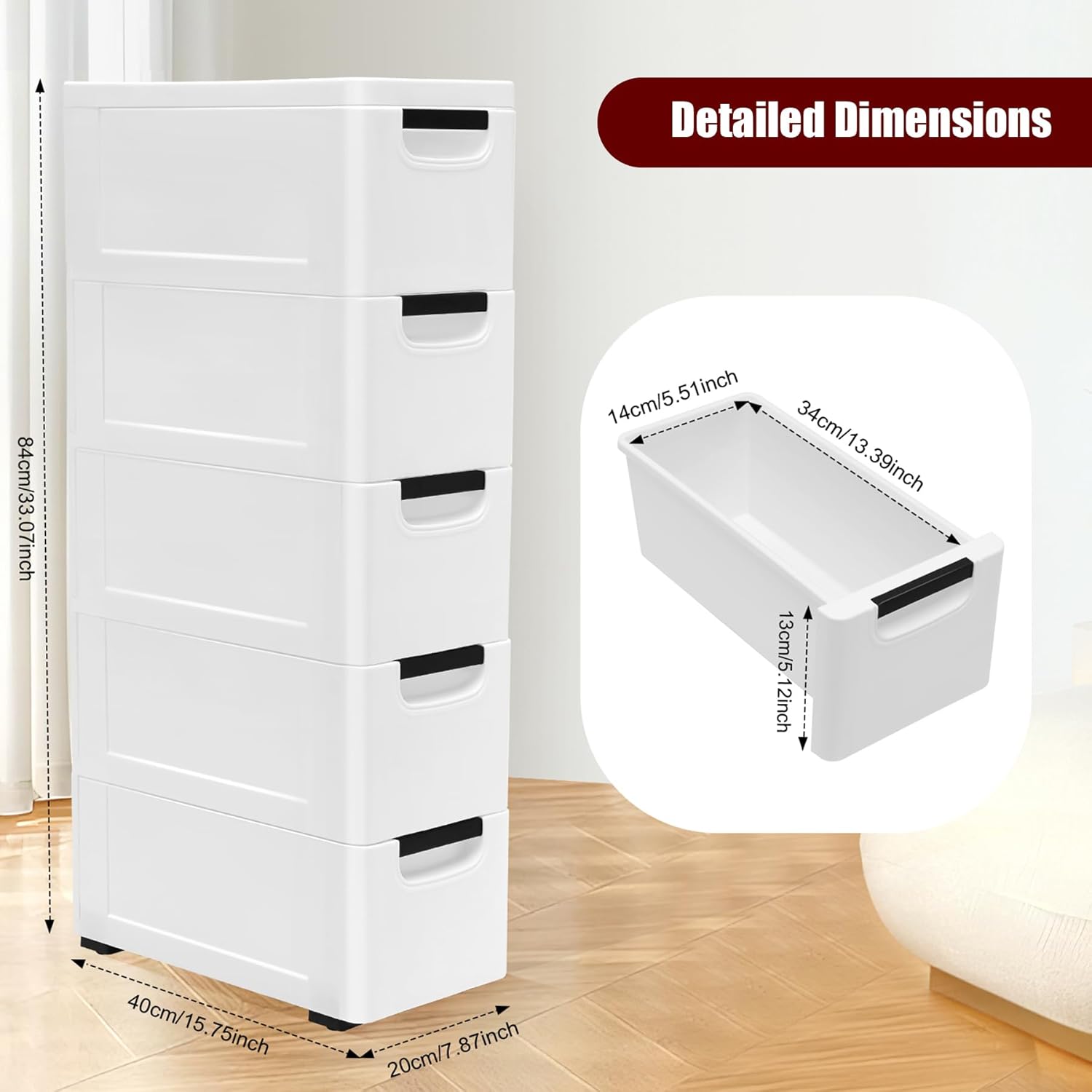 White 5 Drawer Rolling Slim Plastic Storage Cabinet