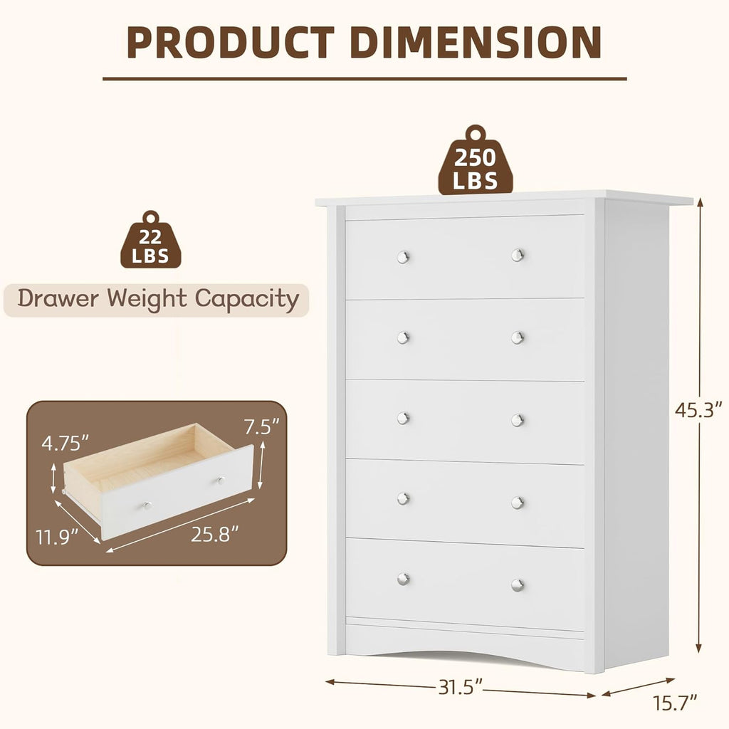 White 5 Drawer Tall Wooden Storage Dresser Cabinet