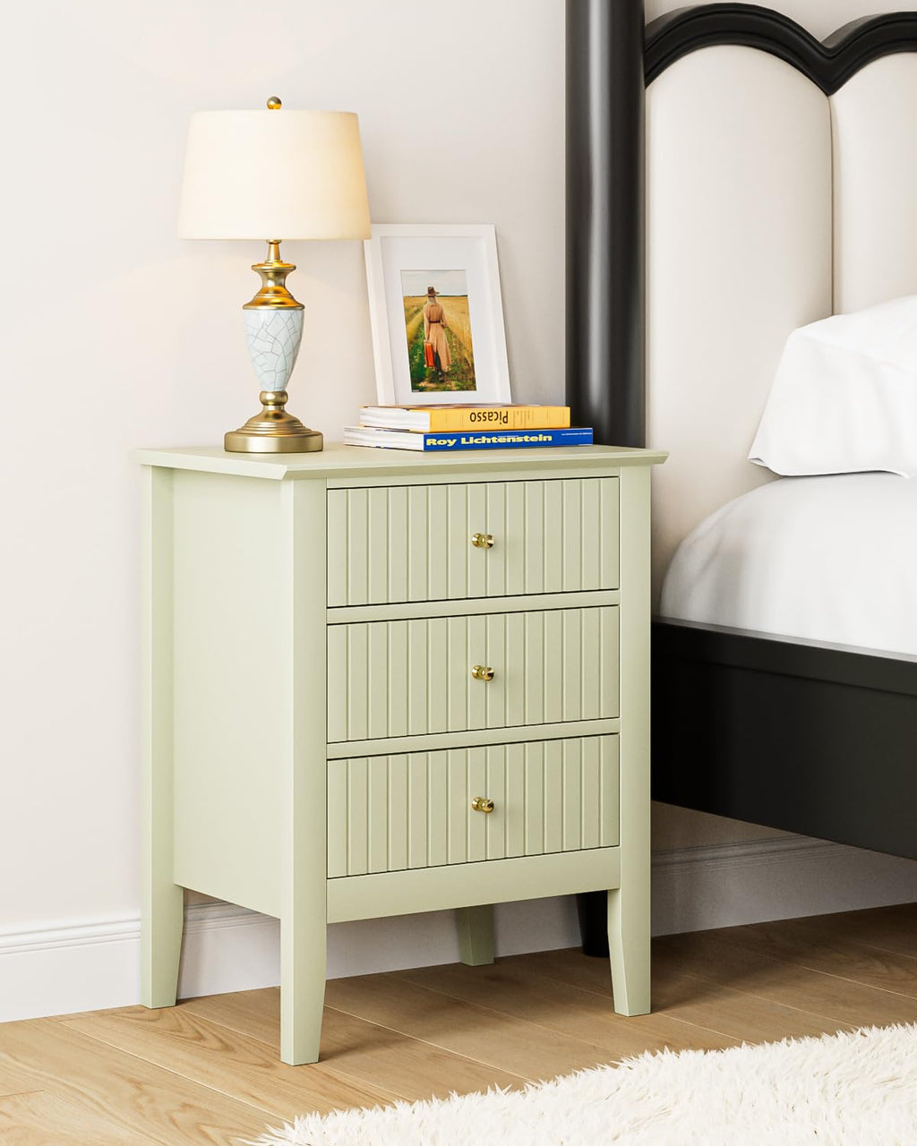 Oak Fluted 3 Drawer Farmhouse Bedside Nightstand