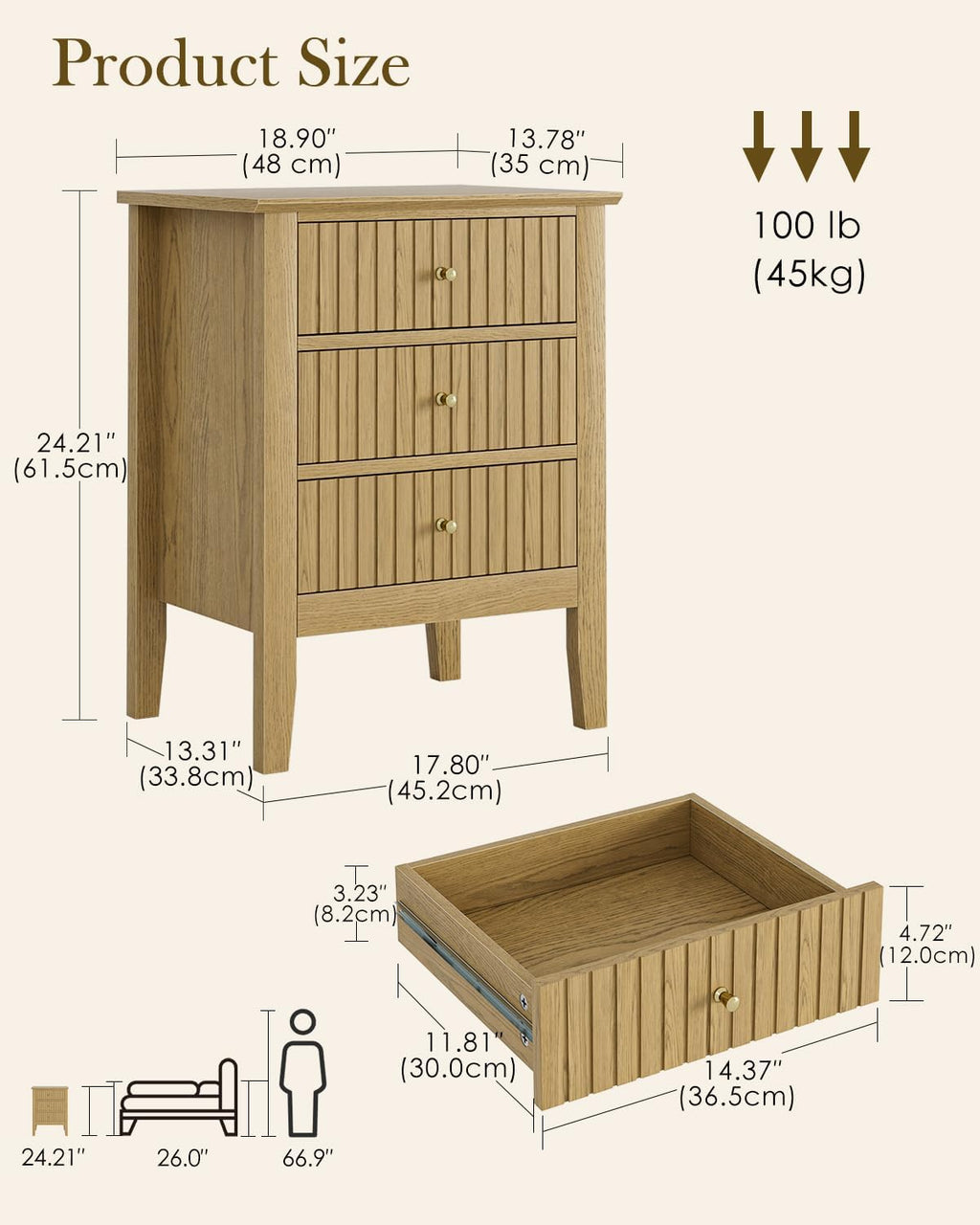 Oak Fluted 3 Drawer Farmhouse Bedside Nightstand