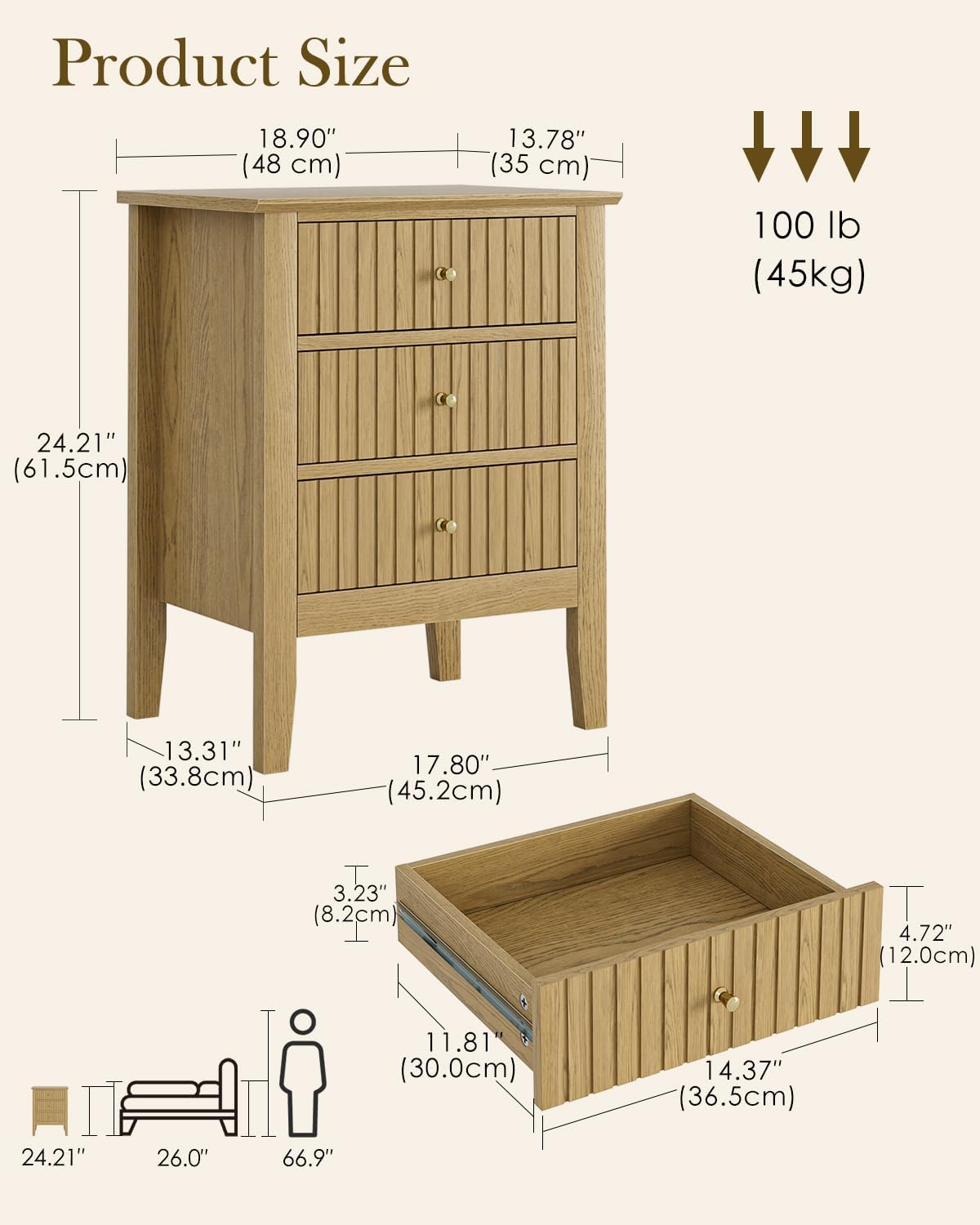 Oak Fluted 3 Drawer Farmhouse Bedside Nightstand