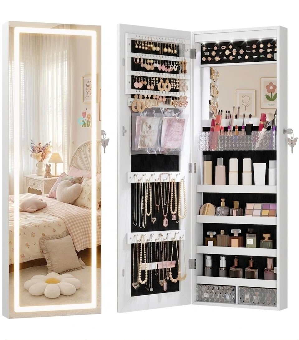 LED Lockable White Full Length Hanging Jewelry Armoire