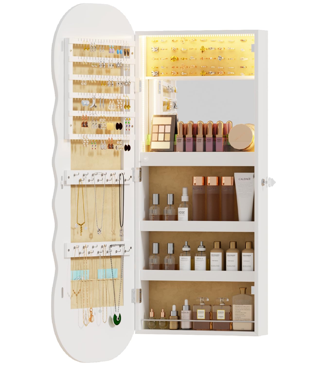LED Lockable White Full Length Mounted Jewelry Armoire