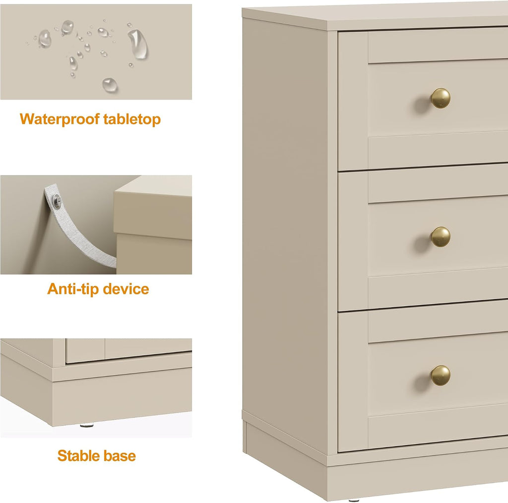 Beige Large Wood 3 Drawer Bedroom Nightstand