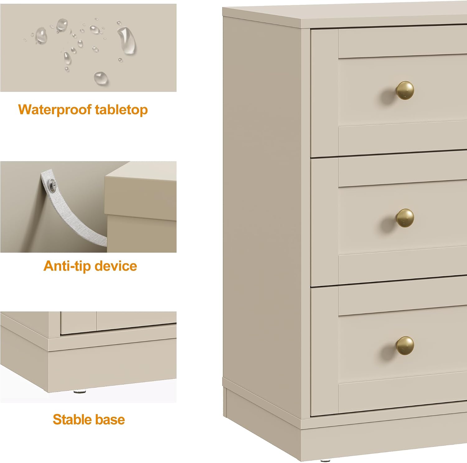 Beige Large Wood 3 Drawer Bedroom Nightstand