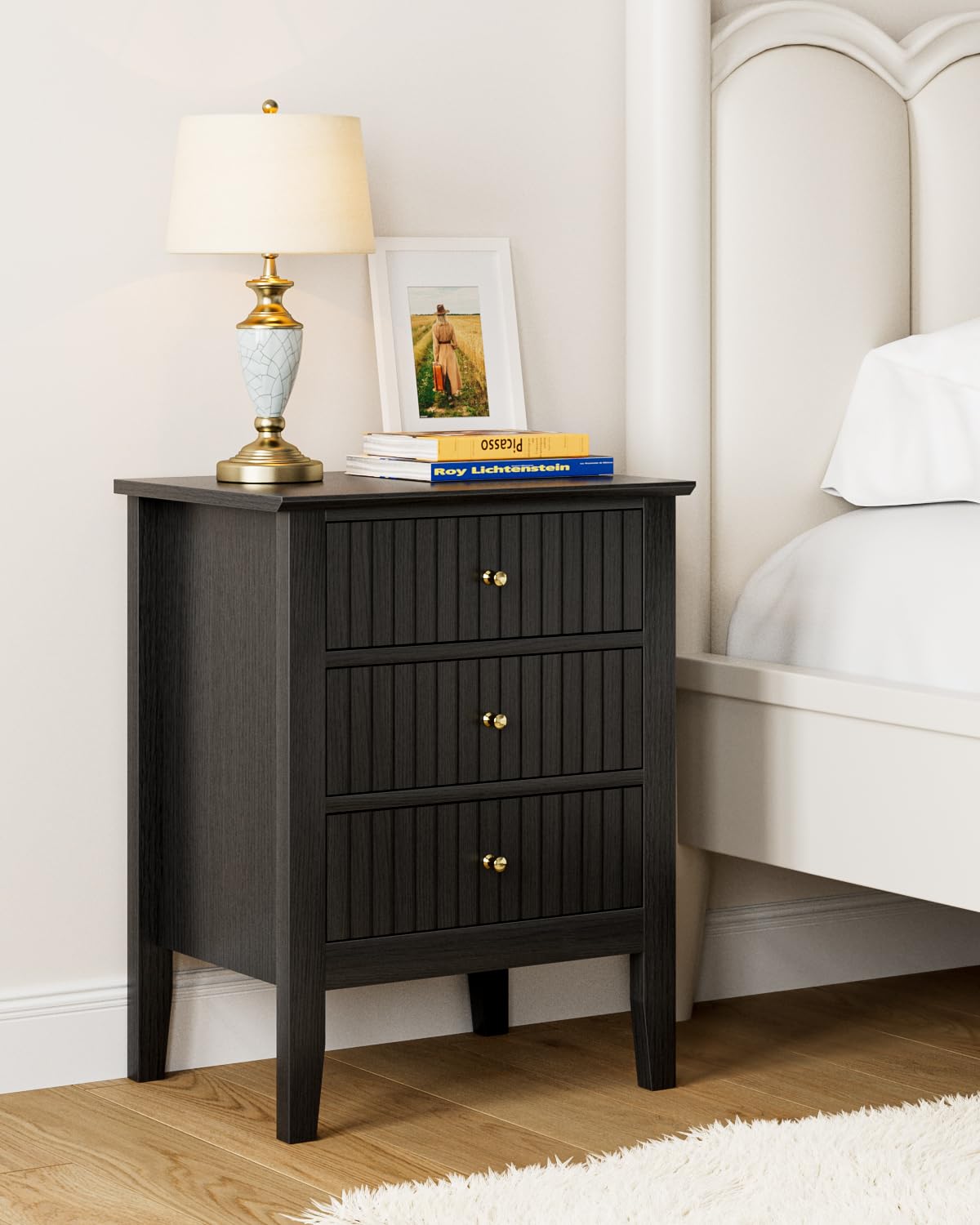 Oak Fluted 3 Drawer Farmhouse Bedside Nightstand