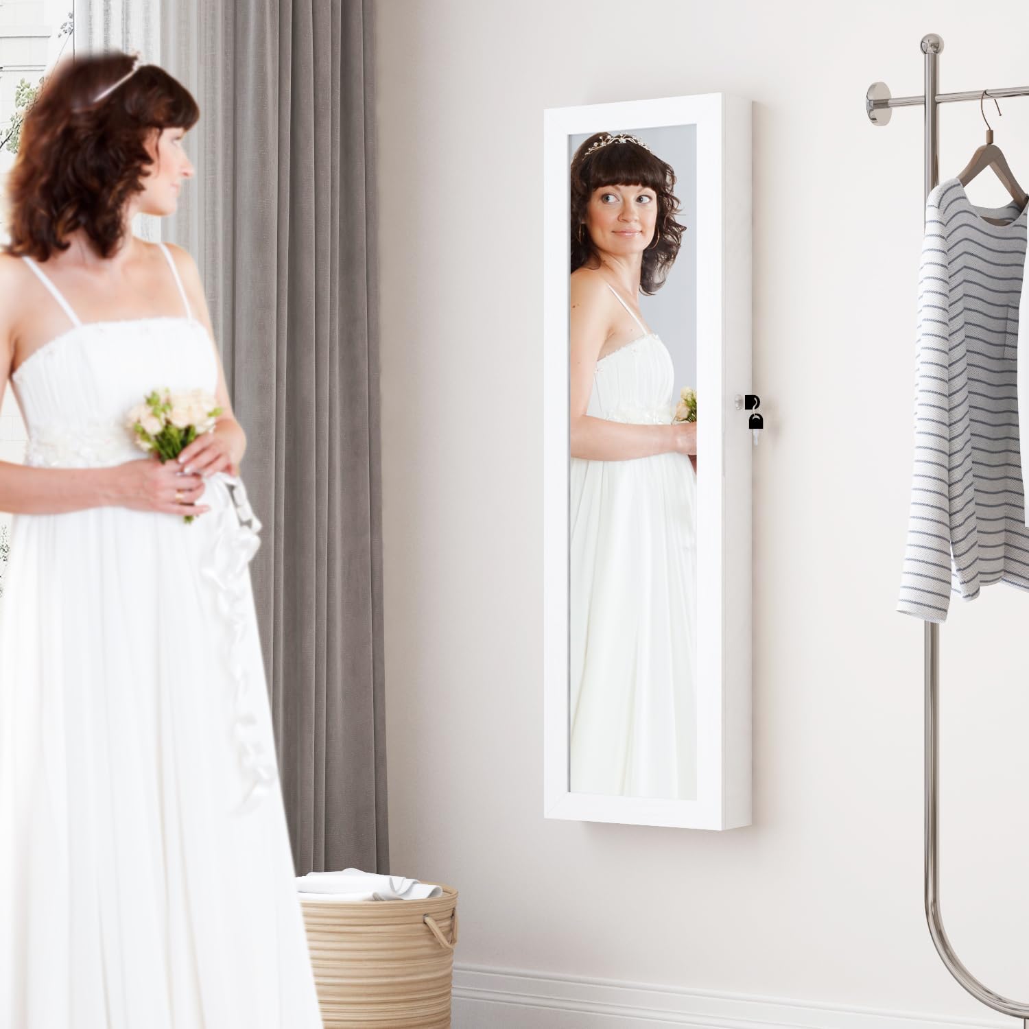 White Lockable Wall Mount Full Length Jewelry Armoire