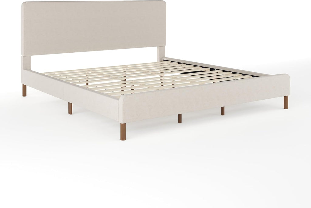 Beige Faux Linen King Bed Rounded Piped Headboard