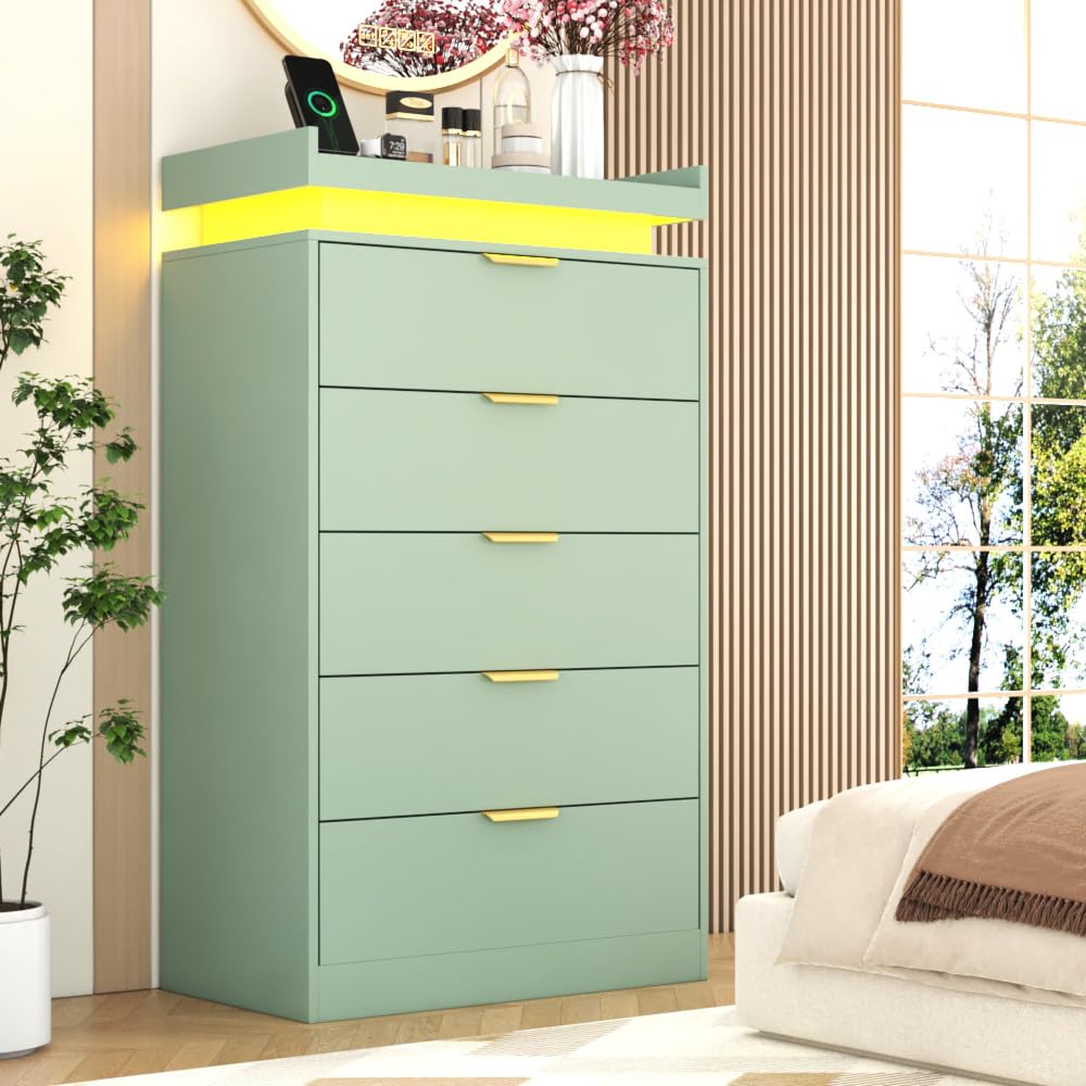 Black Wood 5 Drawer Tall Dresser LED & Power Outlet