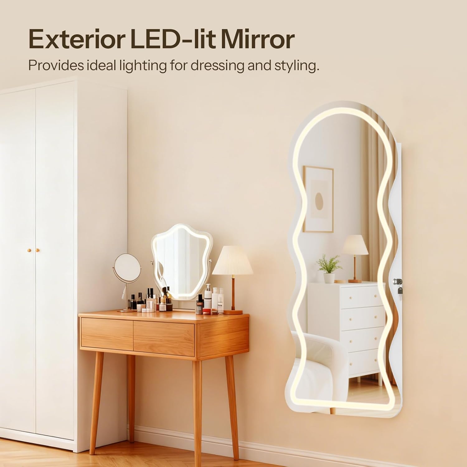 LED Lockable White Full Length Wall Jewelry Cabinet