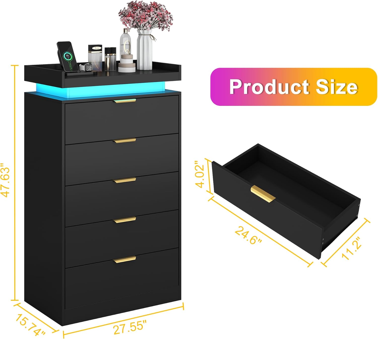 Black Wood 5 Drawer Tall Dresser LED & Power Outlet