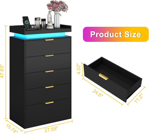 Black Wood 5 Drawer Tall Dresser LED & Power Outlet