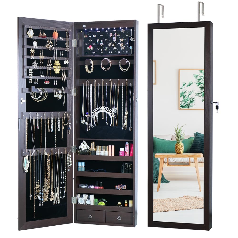 White Lockable Wall Mount Full Length Jewelry Armoire