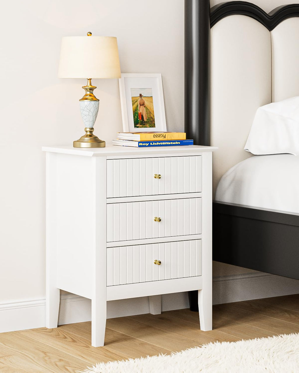 Oak Fluted 3 Drawer Farmhouse Bedside Nightstand