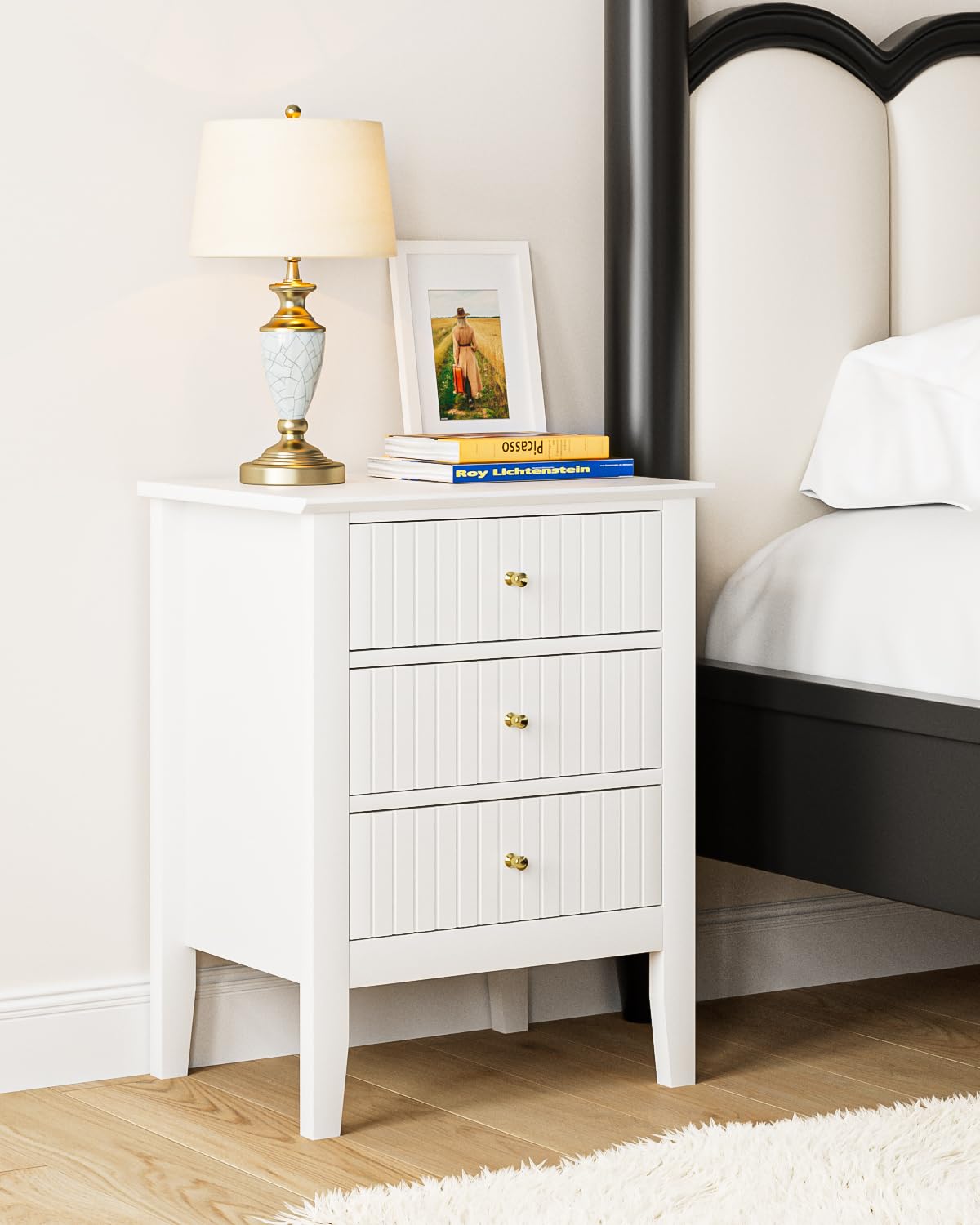 Oak Fluted 3 Drawer Farmhouse Bedside Nightstand