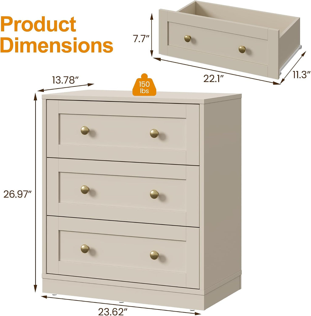 Beige Large Wood 3 Drawer Bedroom Nightstand