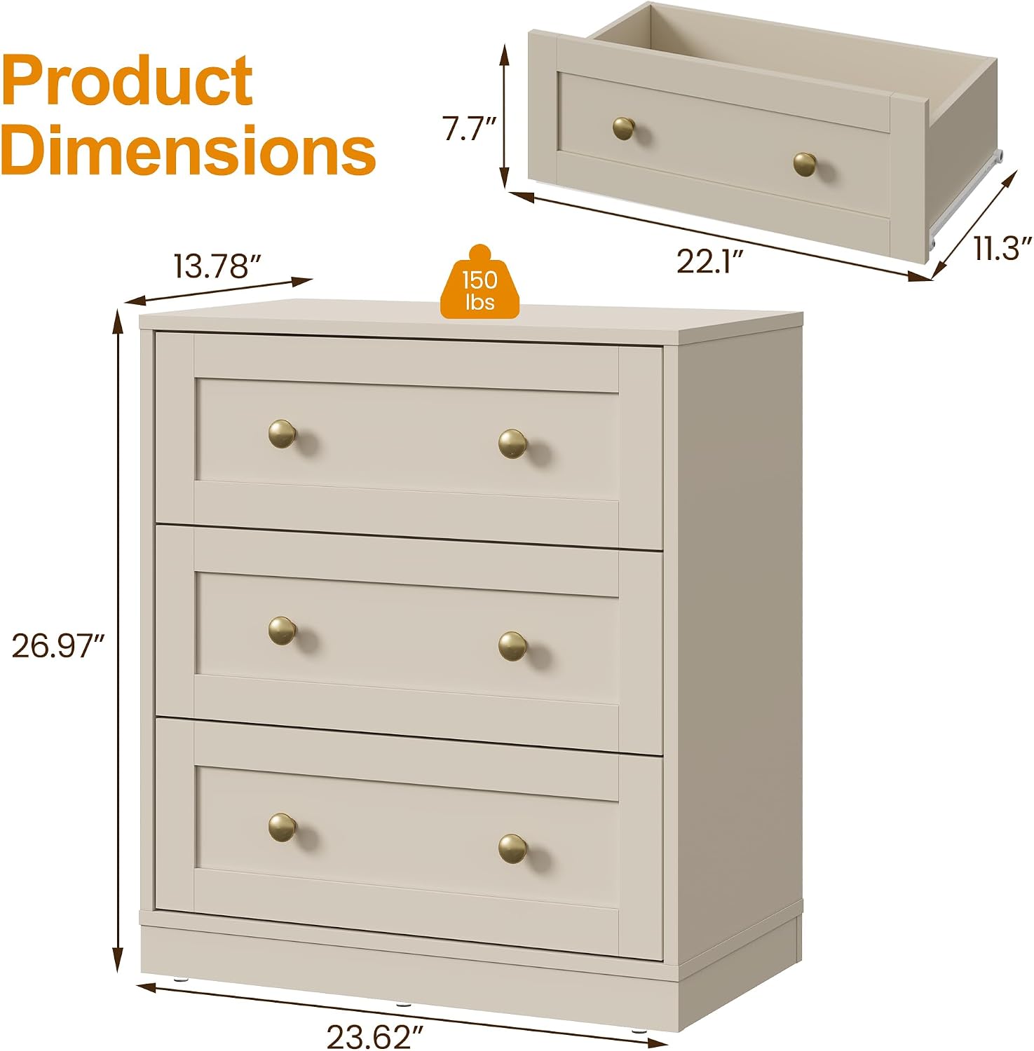 Beige Large Wood 3 Drawer Bedroom Nightstand