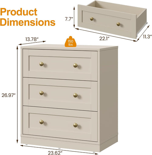 Beige Large Wood 3 Drawer Bedroom Nightstand