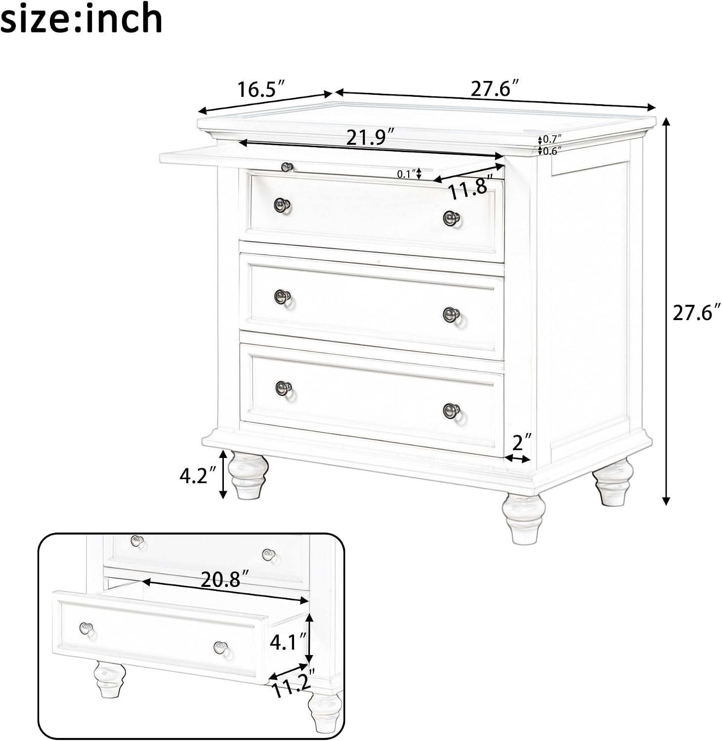 Brown Wood Nightstand 3 Drawers with Pull Out Tray