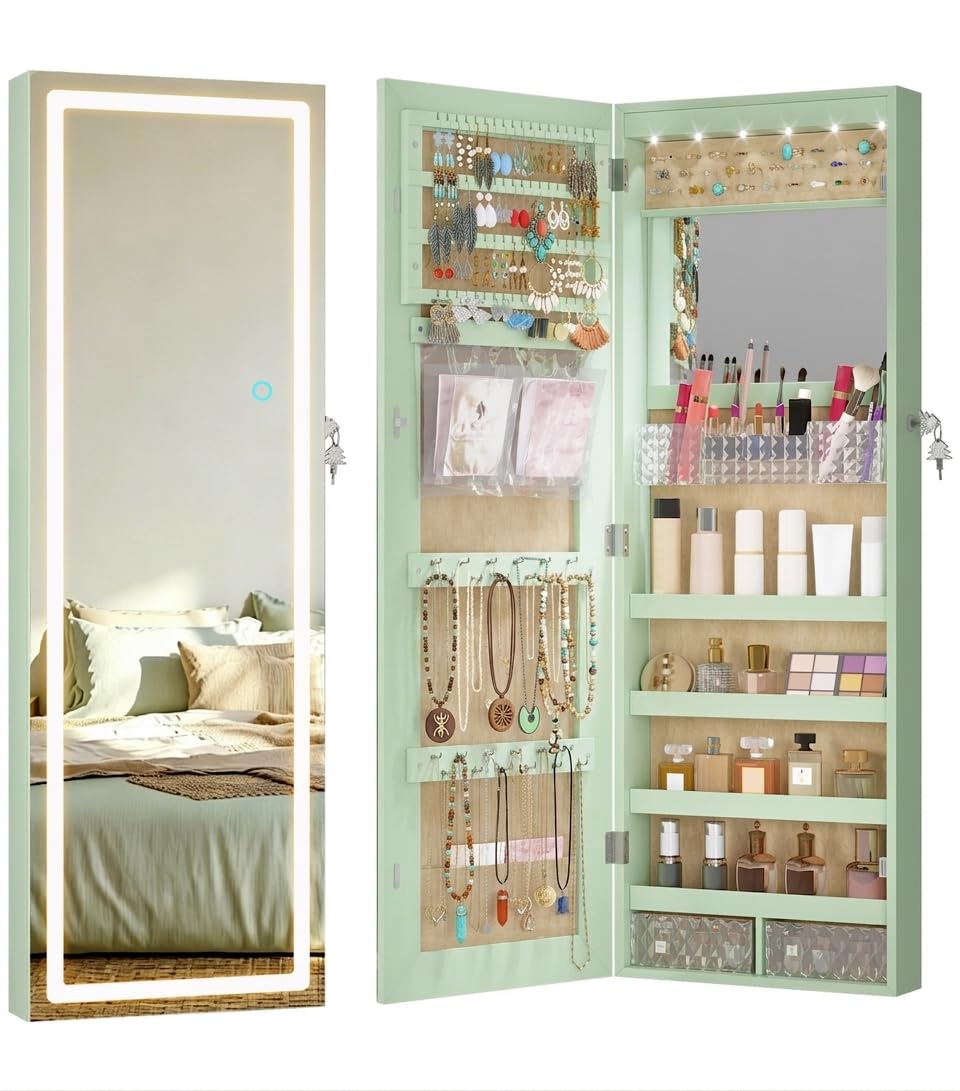 LED Lockable White Full Length Hanging Jewelry Armoire