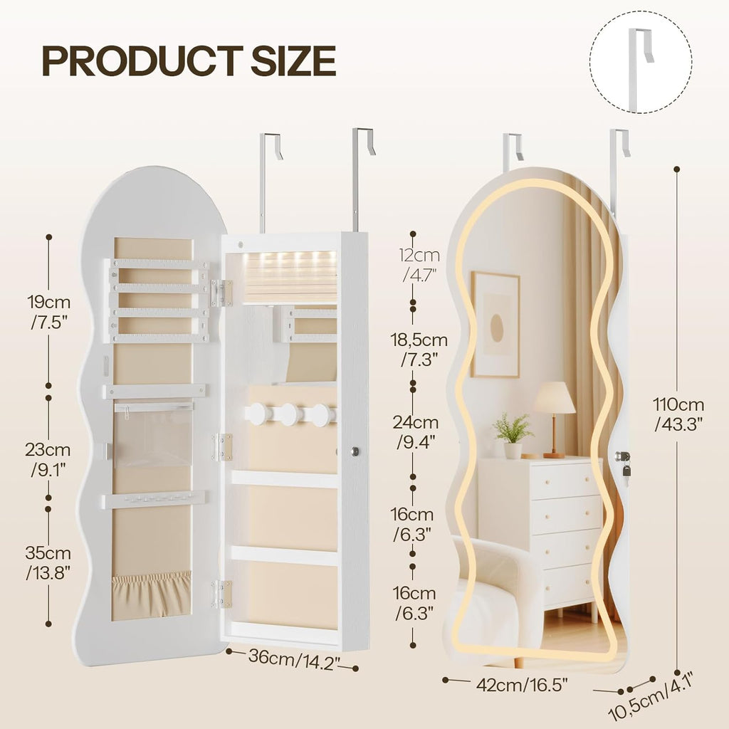 LED Lockable White Full Length Wall Jewelry Cabinet