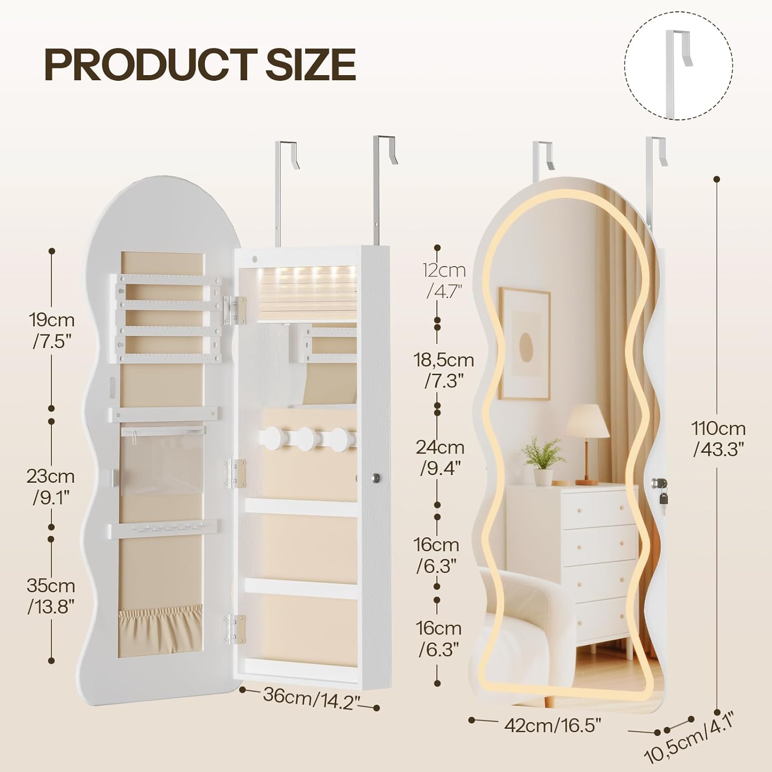 LED Lockable White Full Length Wall Jewelry Cabinet