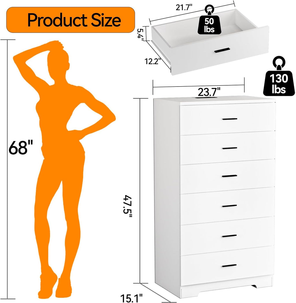 White 6 Drawer Tall Wood Dresser with Power Outlets