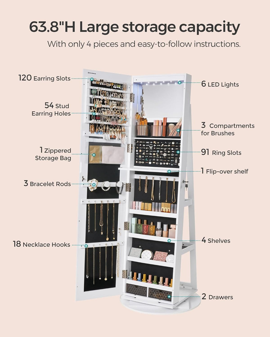 360° Swivel LED Lockable Full Length Jewelry Cabinet