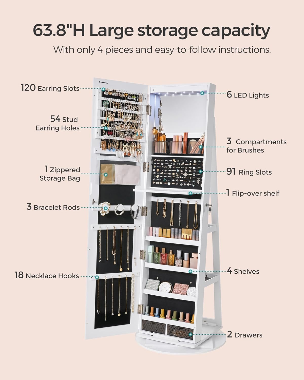 360° Swivel LED Lockable Full Length Jewelry Cabinet