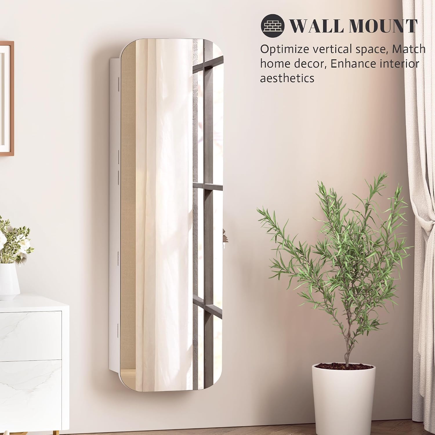 LED Lockable White Full Length Hanging Jewelry Cabinet