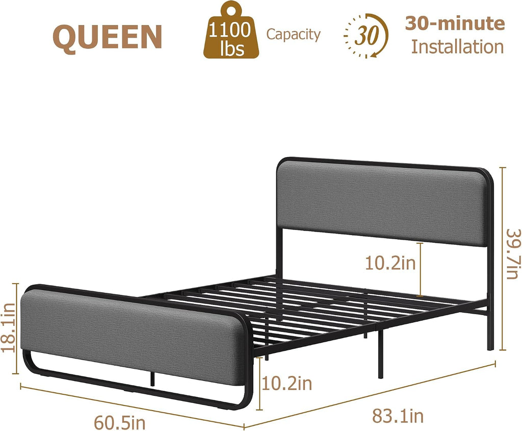 Grey Metal Queen Bed Curved Upholstered Headboard