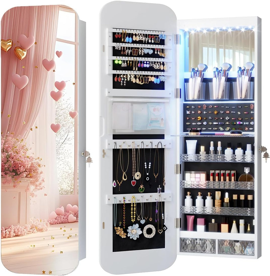 LED Lockable White Full Length Hanging Jewelry Cabinet