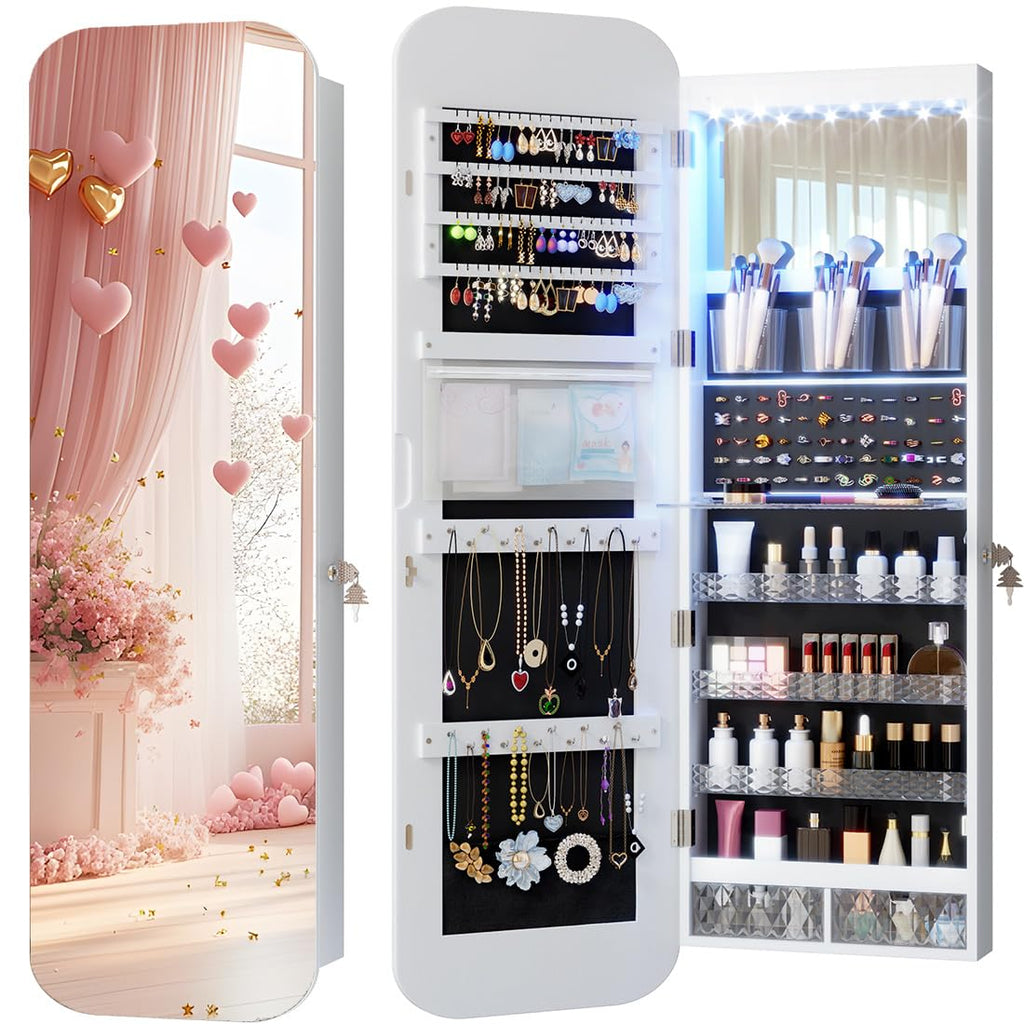 LED Lockable White Full Length Hanging Jewelry Cabinet