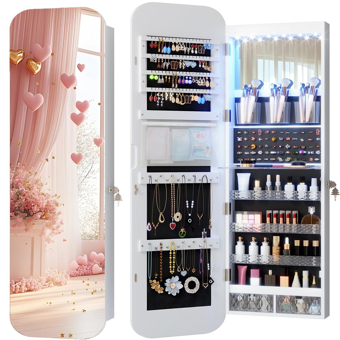 LED Lockable White Full Length Hanging Jewelry Cabinet