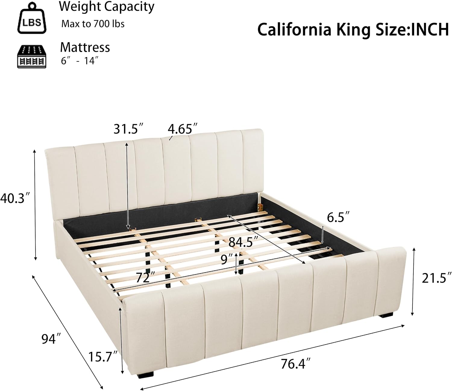Beige Linen Cal King Curved Panel Bed Frame