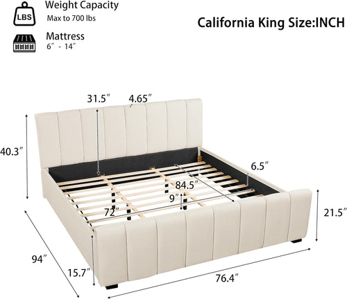 Beige Linen Cal King Curved Panel Bed Frame