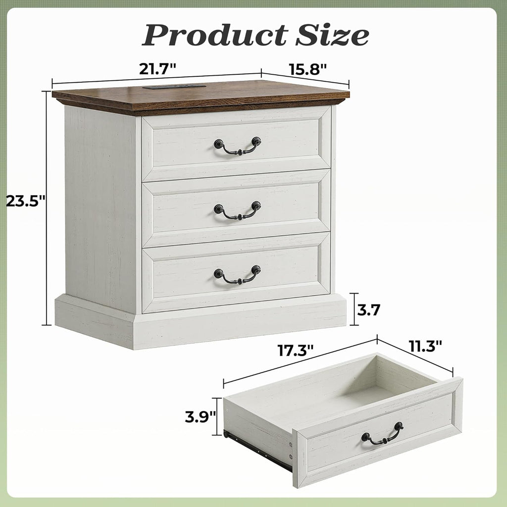 Distressed White 3 Drawer Nightstand with Charging Station