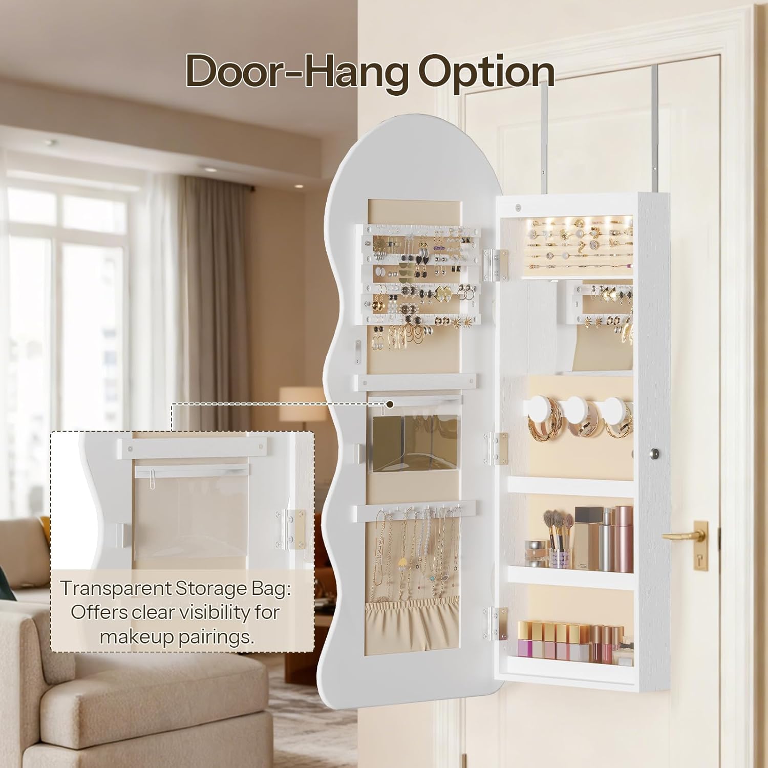 LED Lockable White Full Length Wall Jewelry Cabinet