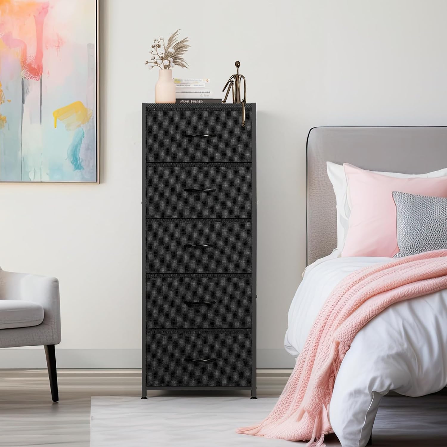Black Wood Top 5 Drawer Fabric Tall Dresser
