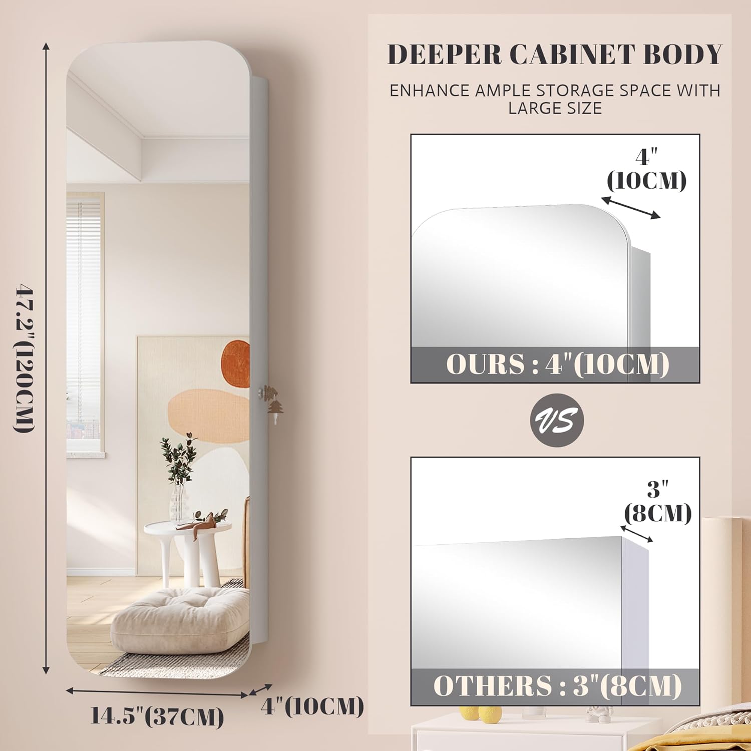 LED Lockable White Full Length Hanging Jewelry Cabinet