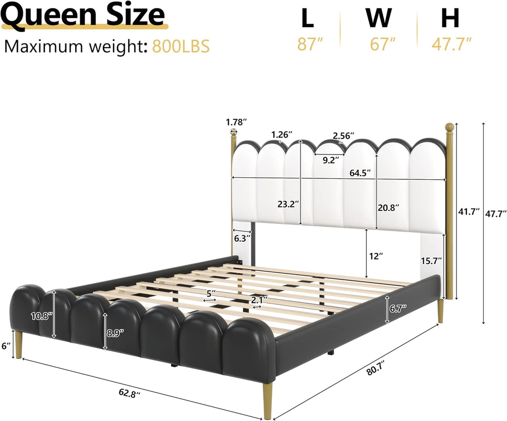 White Black Faux Leather Queen Platform Bed Frame