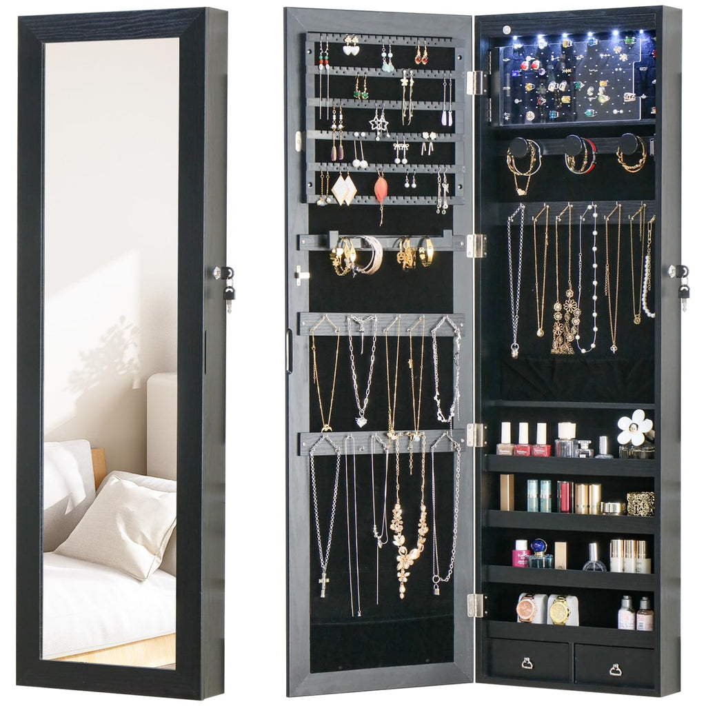 White Lockable Wall Mount Full Length Jewelry Armoire