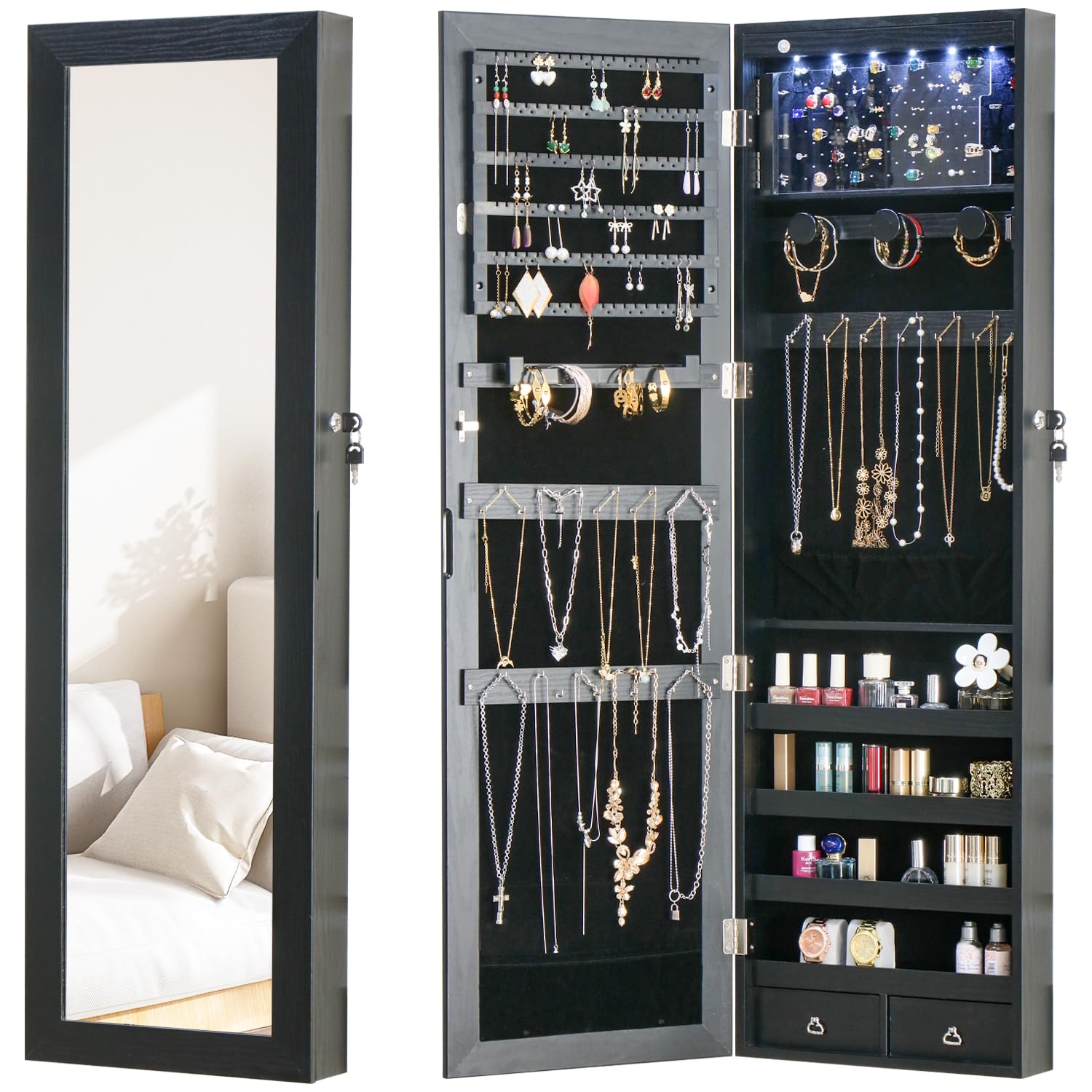 White Lockable Wall Mount Full Length Jewelry Armoire