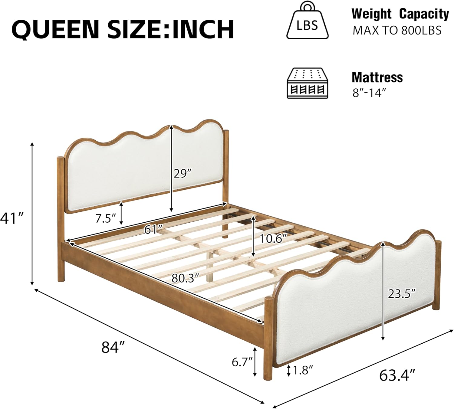 Boucle Queen Platform Bed Wavy Curved Headboard
