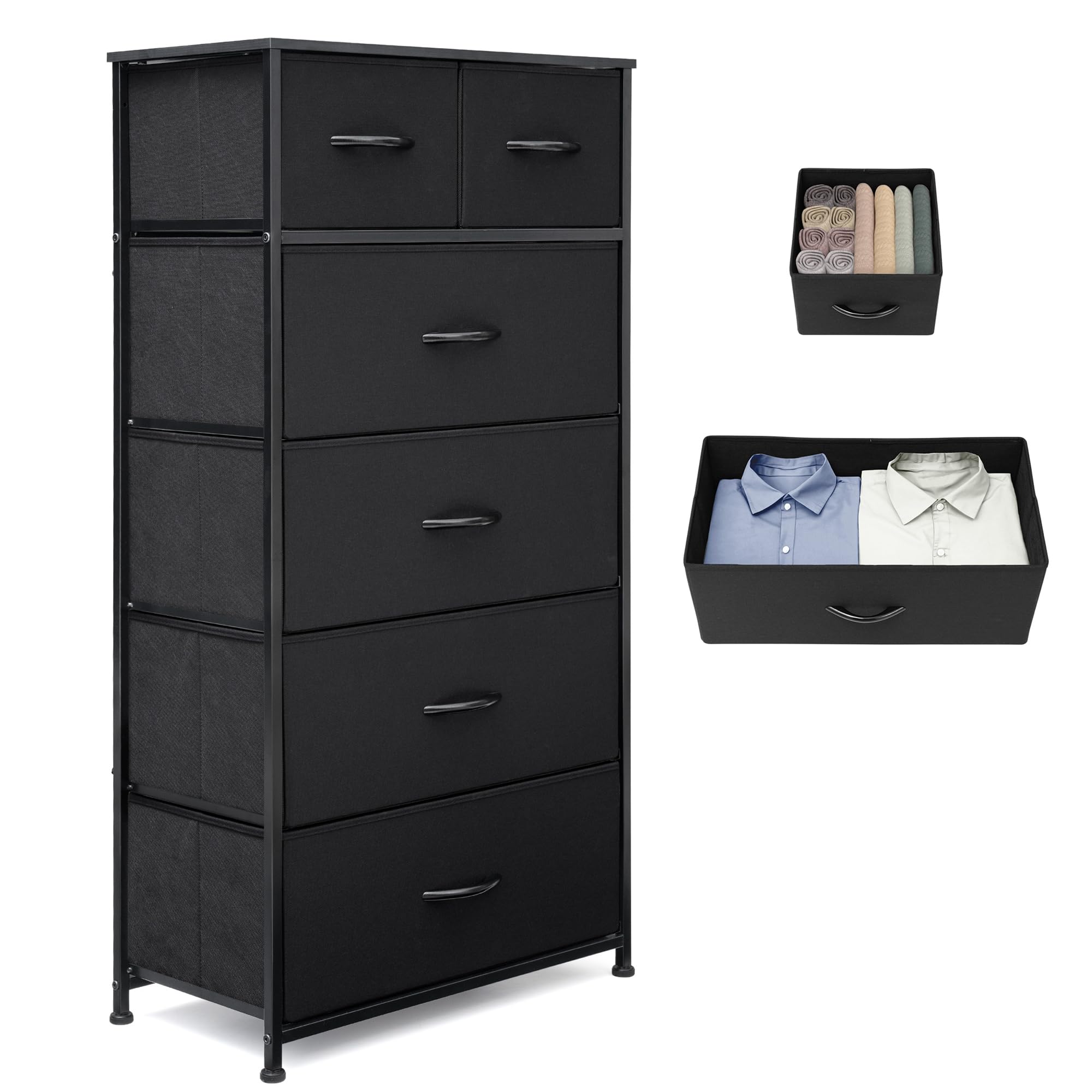 Rustic Brown Wood Top 6 Drawer Slim Fabric Dresser